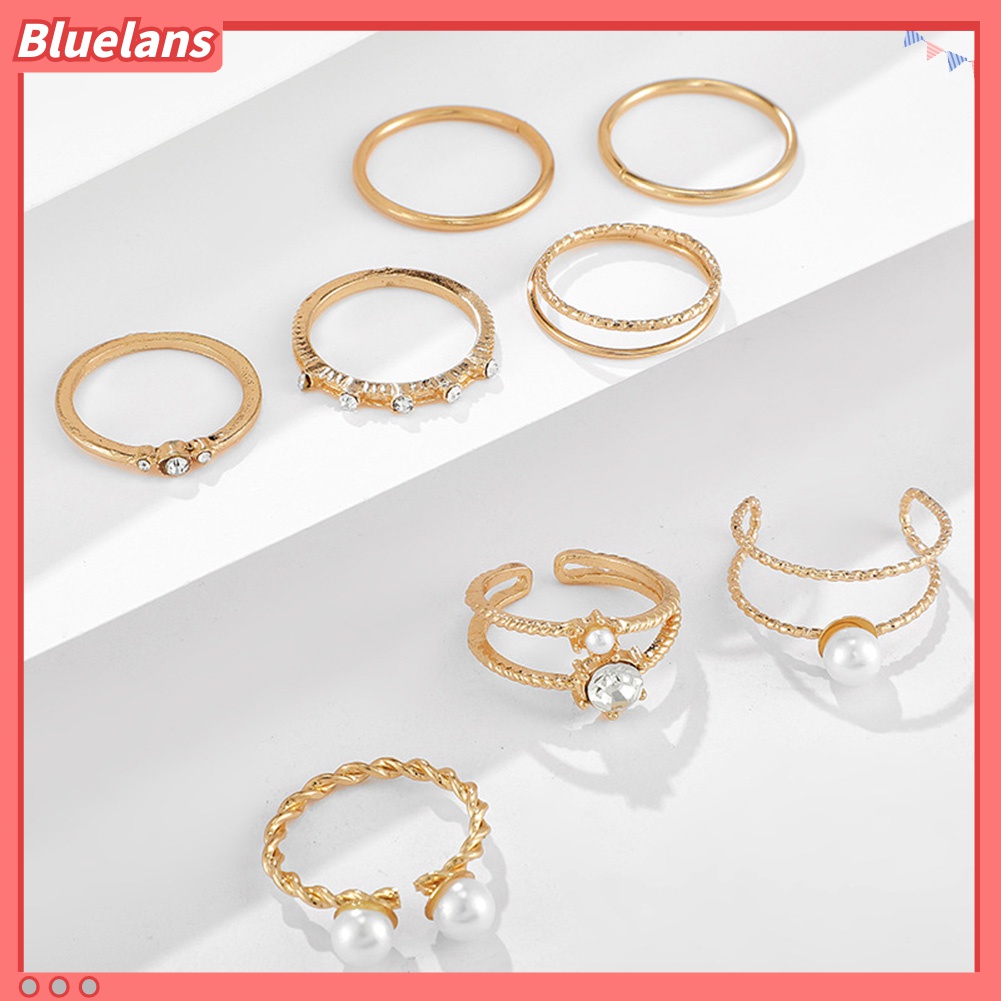 5 / 8Pcs Cincin Jari Model Terbuka Dapat Disesuaikan Aksen Mutiara Berlian Imitasi Gaya Bohemian Untuk Wanita