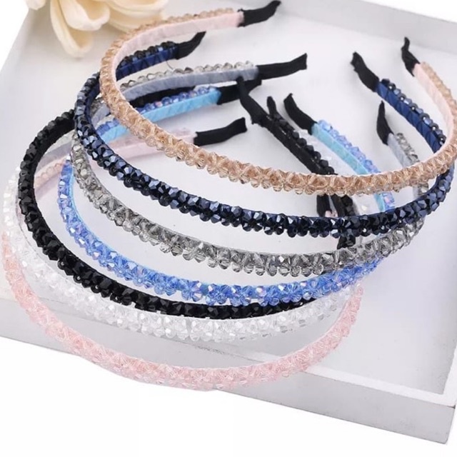 READY !! Bando Crystal Korea Mutiara Mote dengan Krystal Blink Blink Girly Retro - Premium Korean Style