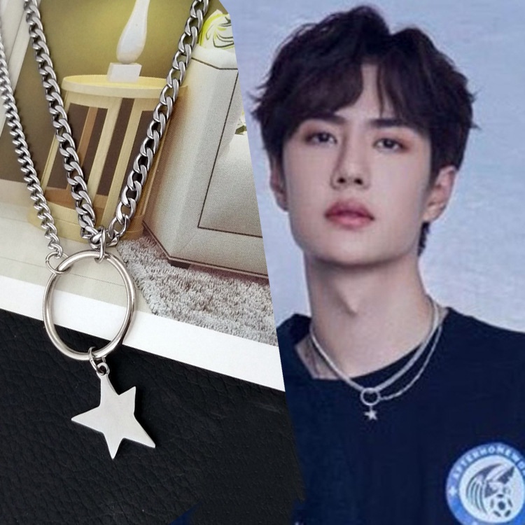 Gaya Baru Hanya Kalung Wang Yibo Gaya Yang Sama Sederhana Eropa Amerika Logam Berujung Lima Bintang Liontin Lapisan Ganda Kalung Pria Wanita Fashion