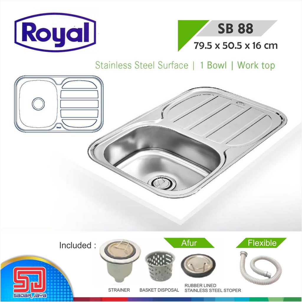 Royal Kitchen Sink SB 88 Wastafel Dapur Bak Cuci Piring 1 Bowl Sayap Pengering Stainless Steel