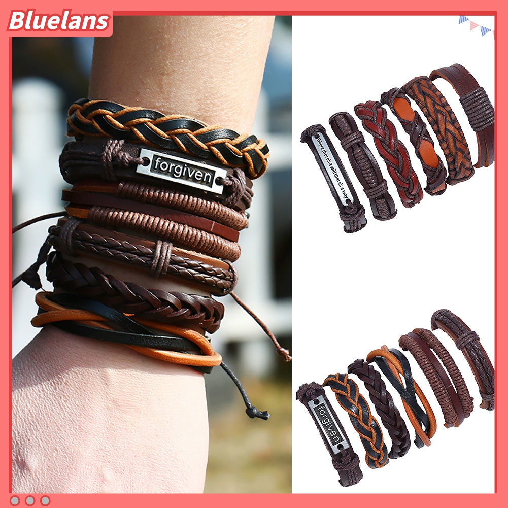 6pcs / Set Gelang Multilayer Bahan Kulit Imitasi Handmade Gaya Vintage Punk Untuk Pria