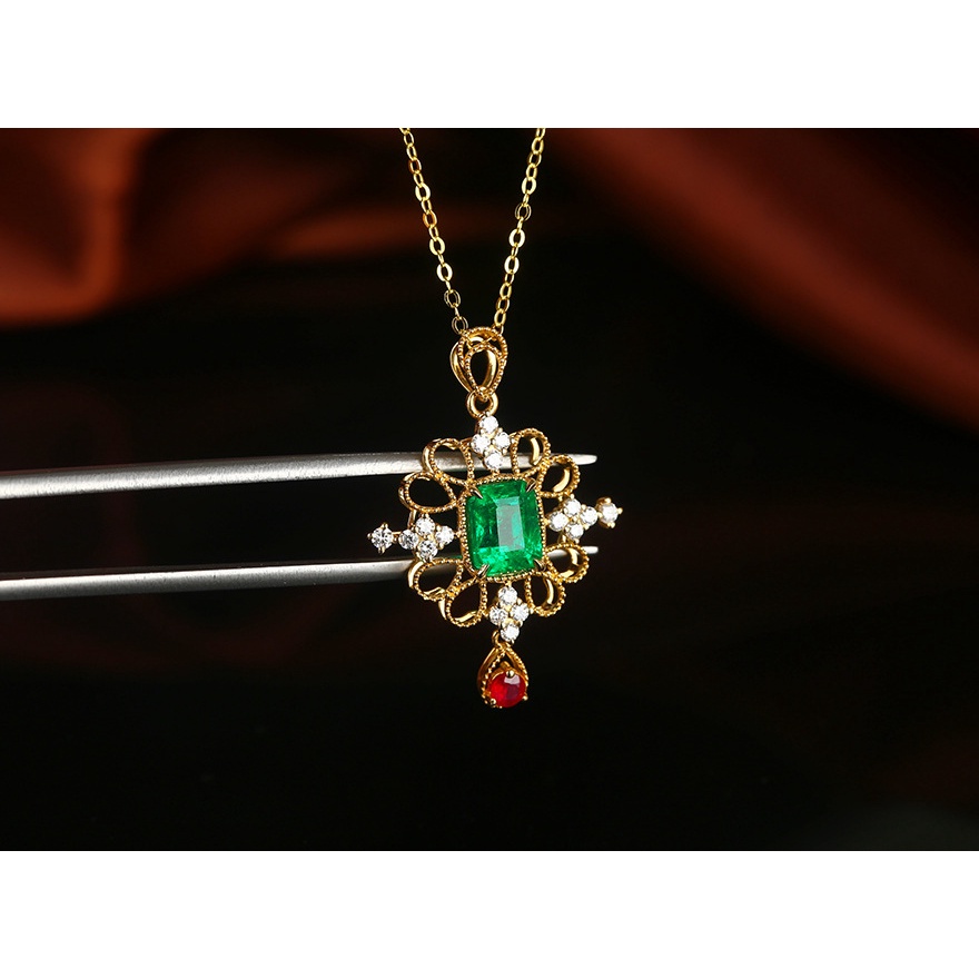 Goldkingdom Perhiasan Fashion 24K Bangkok Aksesoris Ready Stock Natural Emerald Pendant Ruby Vintage Lapis K Emas Asli Kadar 375 Manik Kalung