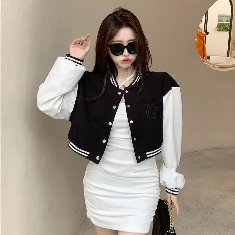 Jaket Baseball Crop | Korean Style Varsity | Pakaian Wanita | Jaket Wanita | Bahan Fleece | Allsize