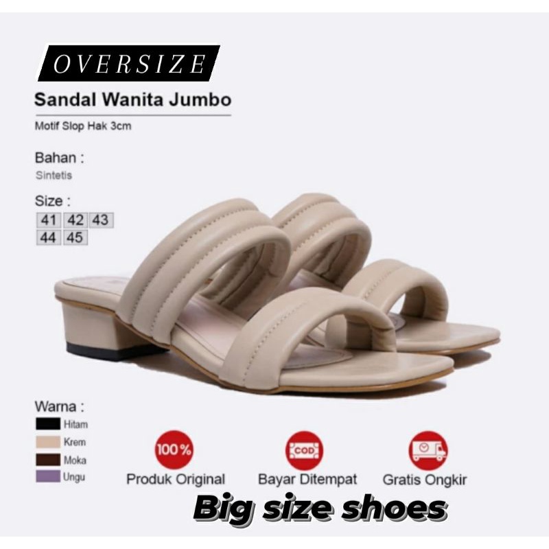 Sandal Higheels OVERSIZE Wanita 41.45 Slop Garis Premium Cewek Bule Slop Ukuran Besar Jumbo Krem, 41