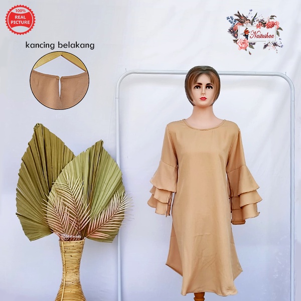 Tunik Wanita Modern Model Lengan Lonceng Tumpuk 7/8 Bahan Wolly Crepe Mocca Baju Atasan Wanita Muslim Terbaru Long Tunik Kekinian