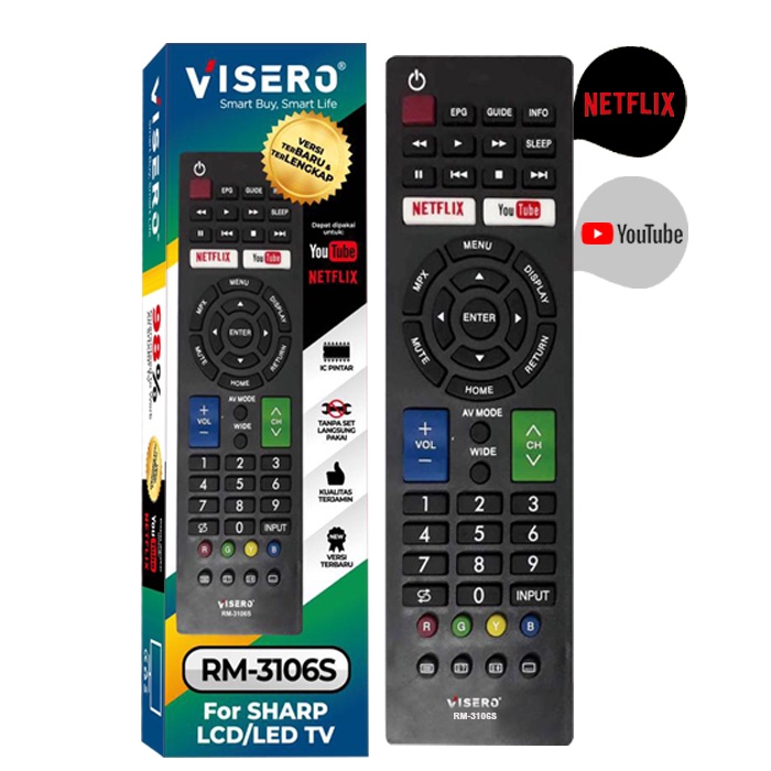 Remot Remote Tv SHARP LED LCD Smart TV Visero Tanpa Program RM 3106s