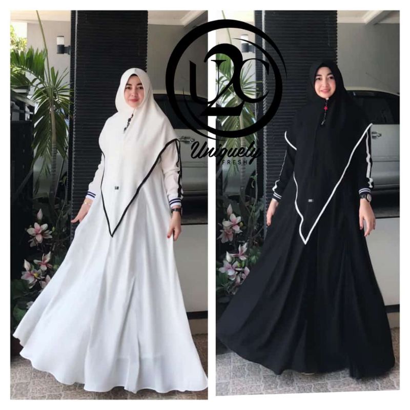 Khodijah Sporty Plain bu U2C • Gamis set Khimar polos Lebaran Hitam Putih Umroh