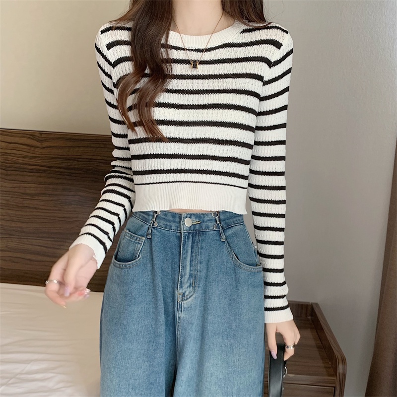 Crewnneck Wanita Knit Stripe Lengan Panjang Sweater Rajut