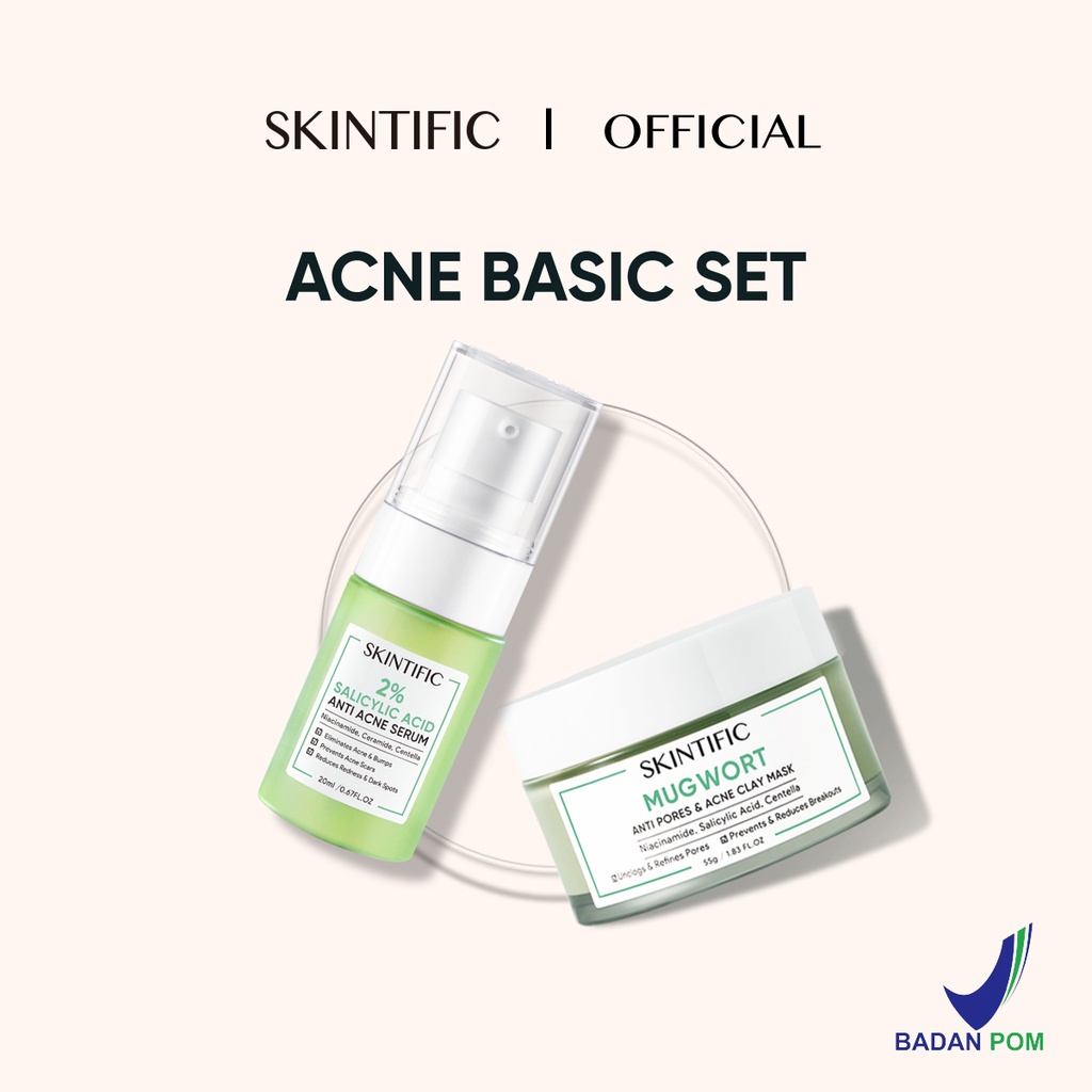 SKINTIFIC - Mugwort Anti Pores &amp; Acne Clay Mask Pore Clarifying Wask Off Pack 55G Masker Wajah &amp; 2% Salicylic Acid Anti Acne Serum 【BPOM】