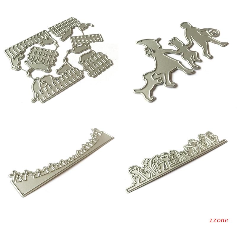 Zzz 4pcs / set Cetakan Stensil Cutting Dies Motif Keluarga Halloween Bahan Metal Untuk Scrapbook / Craft DIY