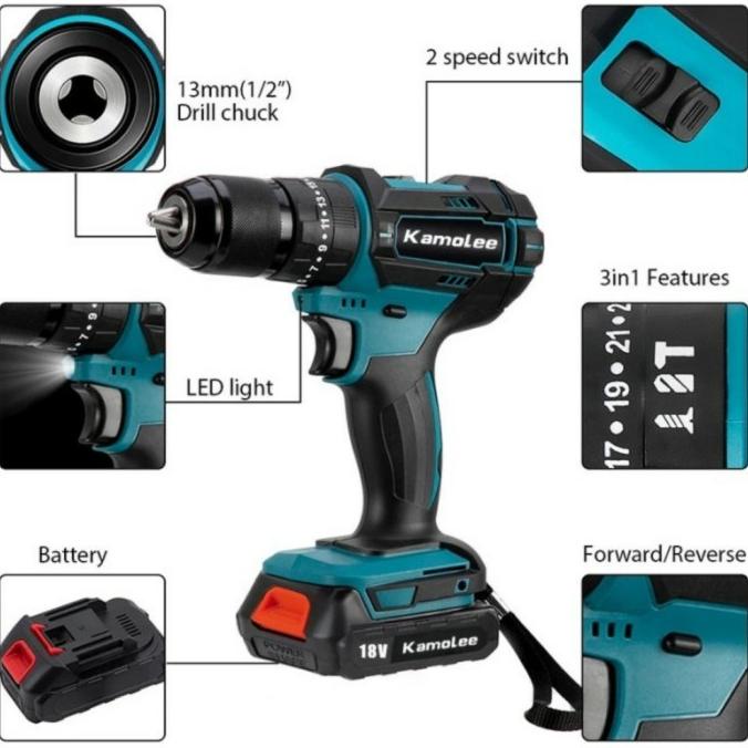 BOR CORDLESS IMPACT DRILL 13MM KAMOLEE/BETON,BESI,KAYU