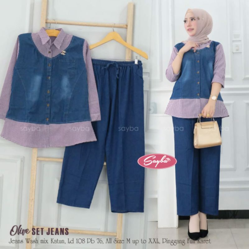 olive set/stelan jeans/one set baju wanita