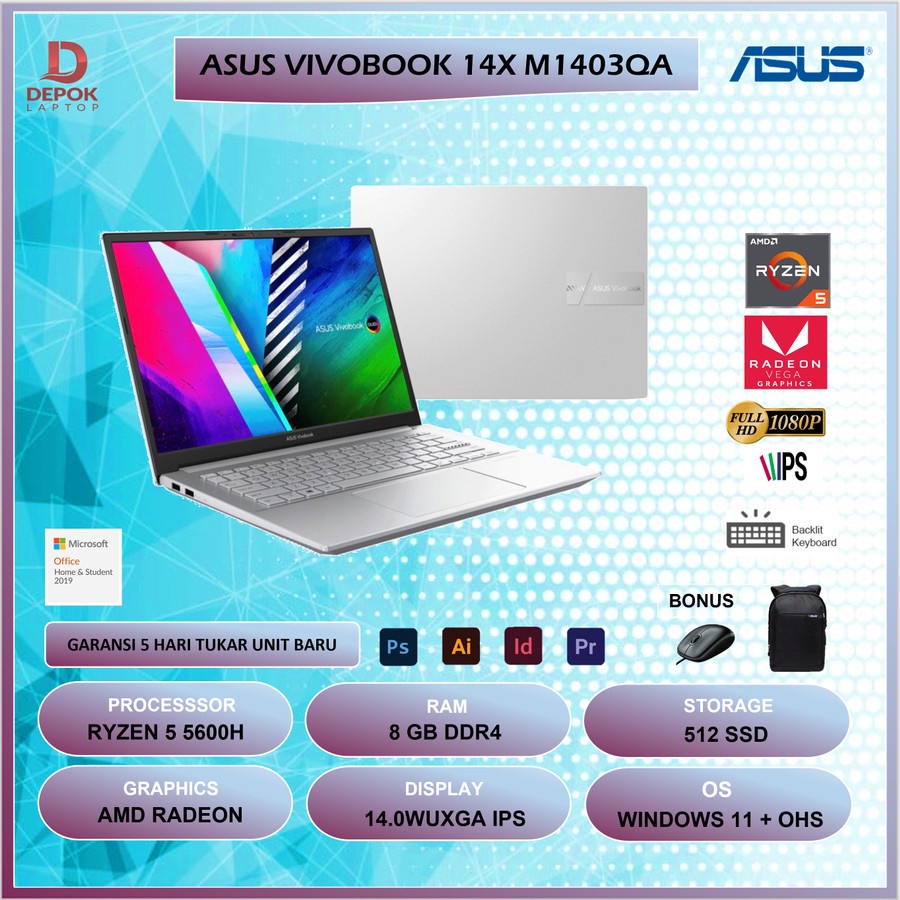 Jual Asus Vivobook 14x M1403qa Vips551 Ryzen 5 5600h 8gb 512ssd Vega7 W11ohs 140wuxga Ips 7136