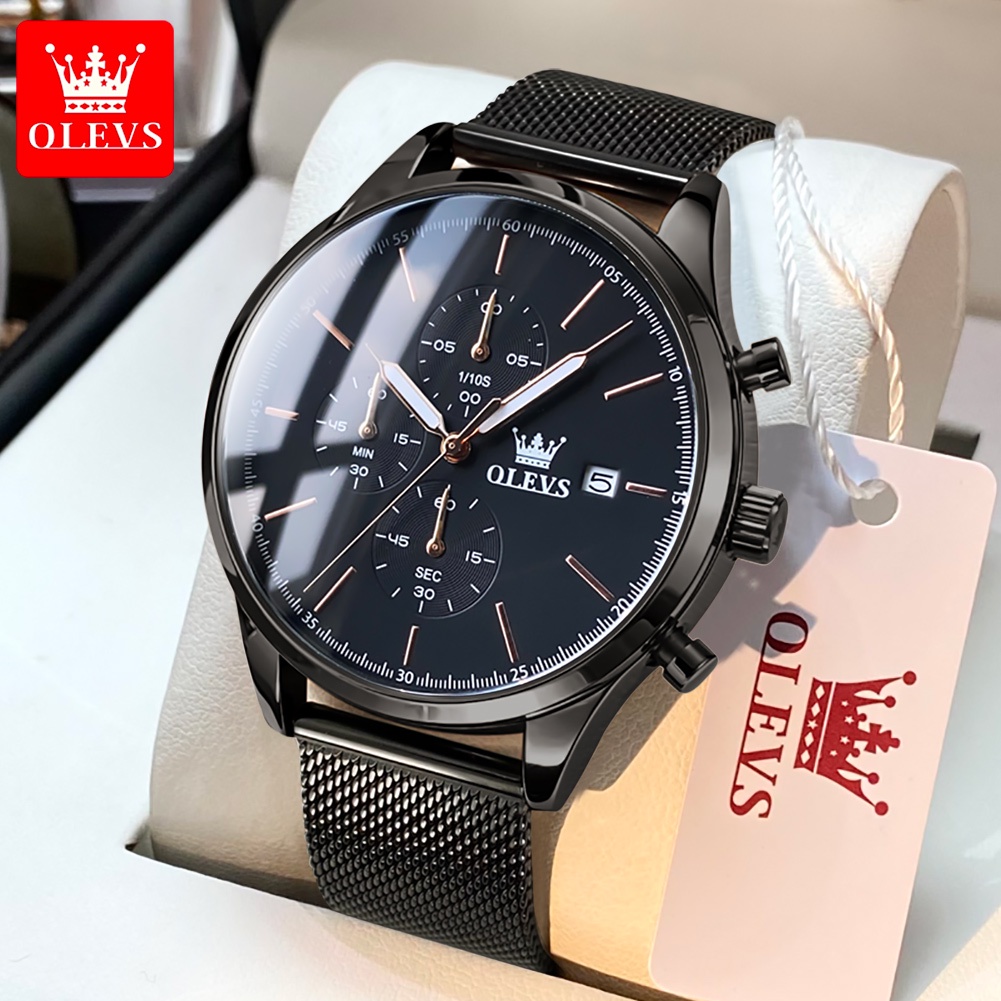 OLEVS Jam Tangan Pria Original Anti Air Tahan Luminous Fashion Analog Chronograph Stainless Steel Watch Men