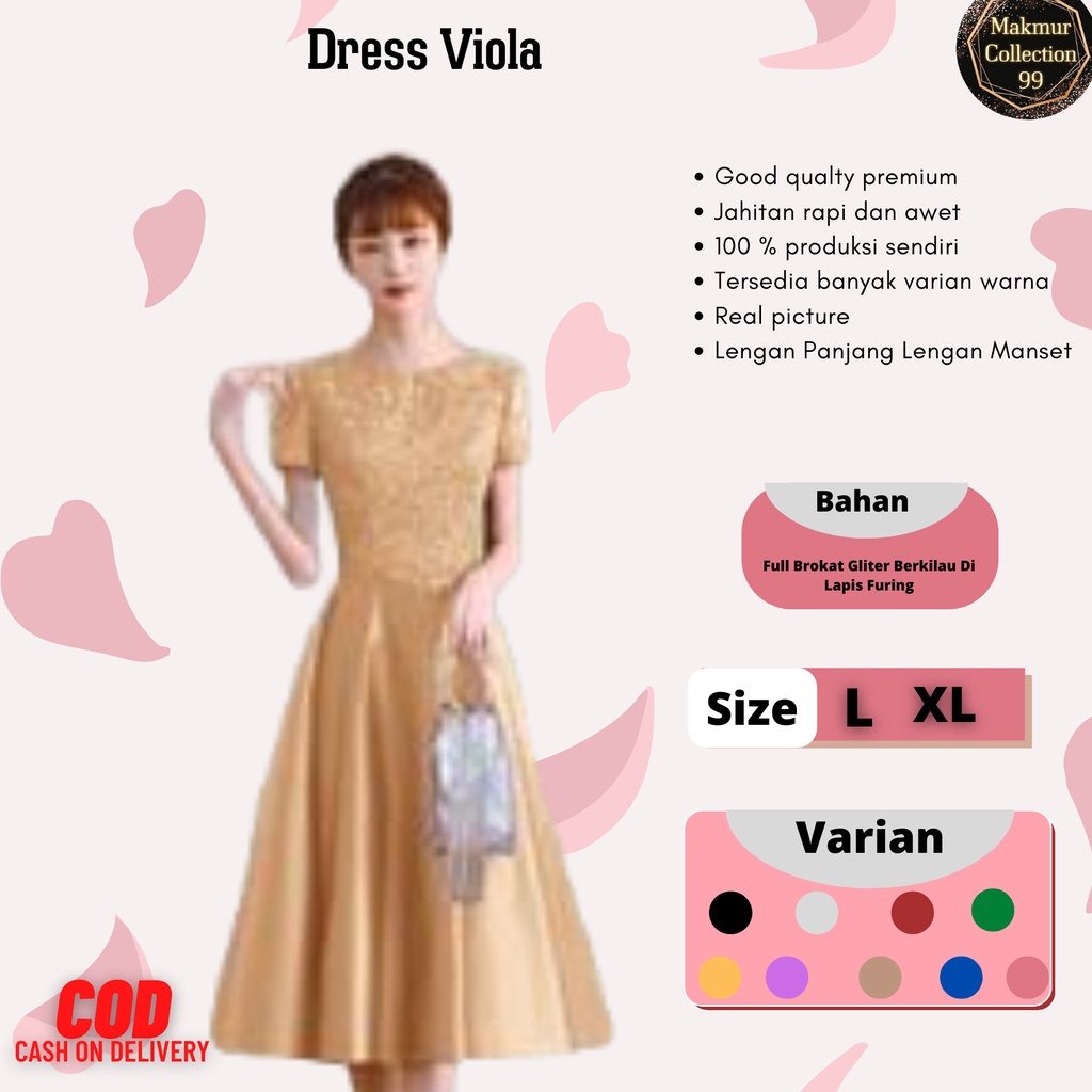 Dress Wanita Terbaru Midi Murah Berkualitas Matt Brokat Mix Satin Velvet/Dress Viola Size L &amp; XL Acara Natal dan Pesta Kondangan Terkini Korean Kekinian