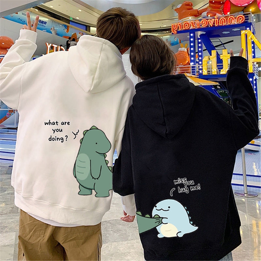 Baju Hangat Modis Musim Gugur Hoodie Dinosaurus Pasangan Atasan Kartun Korea Punk Wanita Hoodie Kawaii Longgar Antik Gadis
