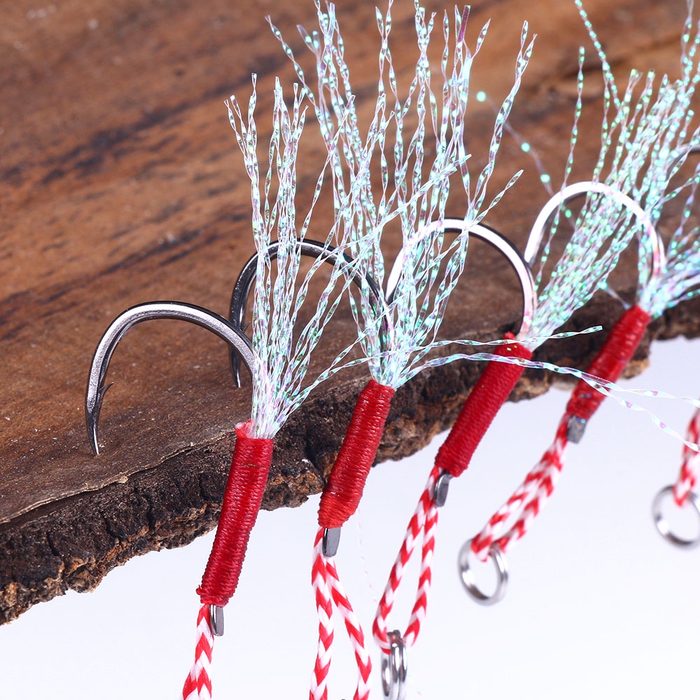 Hengjia 5 Pcs Kail Pancing High Carbon Steel Jigging Fishing Assist Hooks 8#-20# Double/single Barbed Jig Fishhooks with Glow Feather For Lead Lure