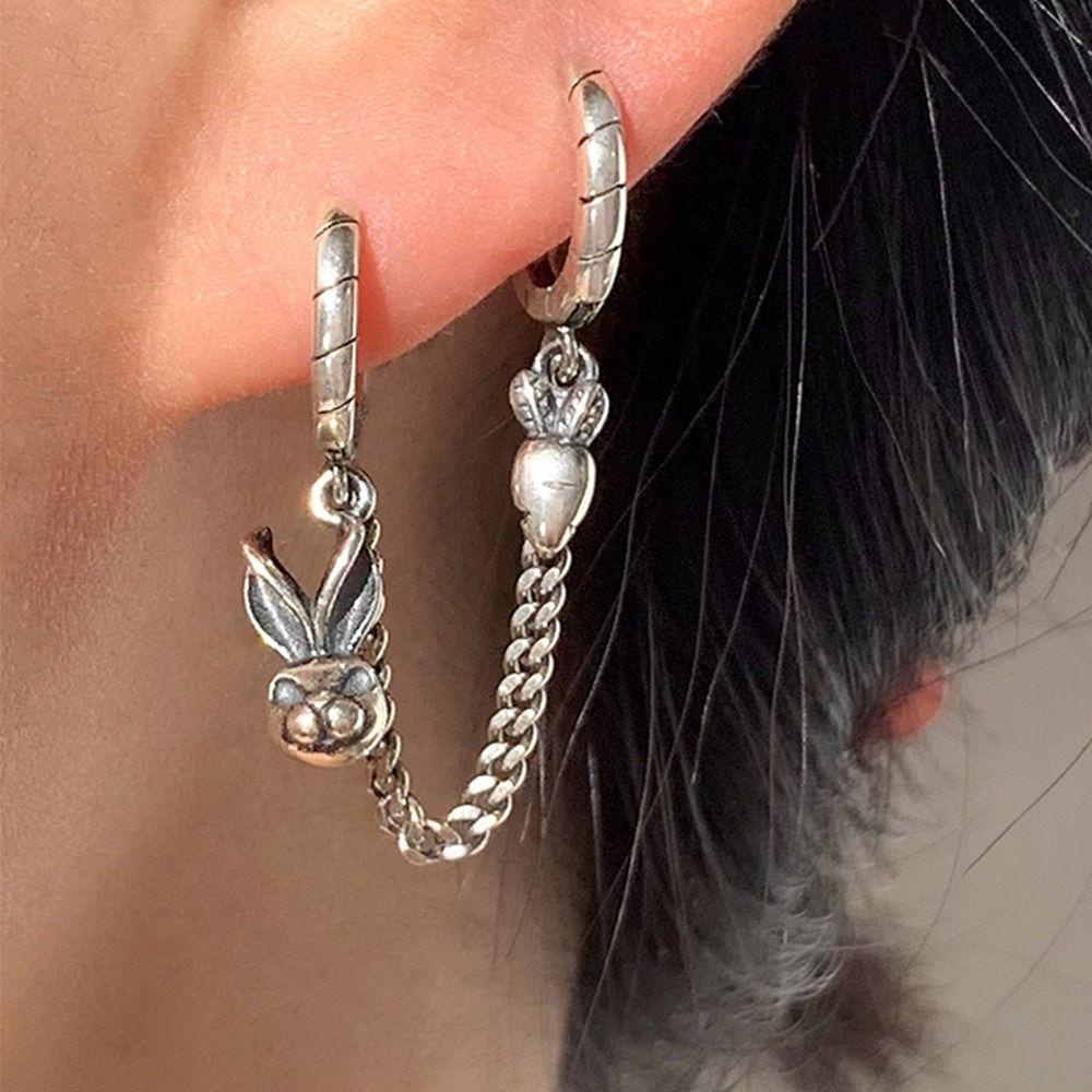 Mxbeauty Wanita Menjuntai Anting Fashion Perhiasan Pesta Perhiasan Hadiah Geometris Anting Liontin Kelinci Liontin Retro Anting Warna Perak Ganda Dua Lubang Tembaga Mode Hoop Earring