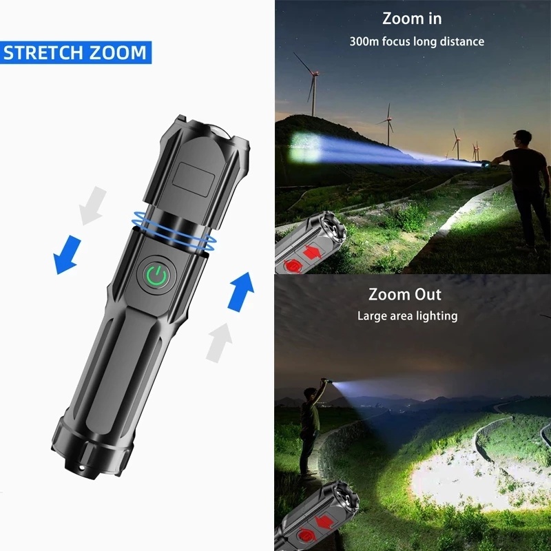 Lampu Senter Led T6 Portable Super Terang Zoom Bahan ABS Anti Air USB Rechargeable Untuk Outdoor / Camping