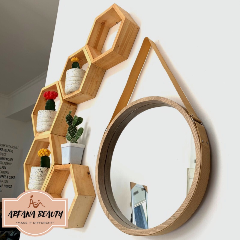 Cermin Dinding Bulat Gantung Kayu Aesthetic Mirror Selfie Perlengkapan Dekorasi Penghias Kamar Tidur Rumah Ruang Tamu Vintage Kayu Hanging Round Wood Mirror Selfie Kaca Cermin Hiasan Dinding Gantung  Rias Make Up Dandan Kosmetik Premium