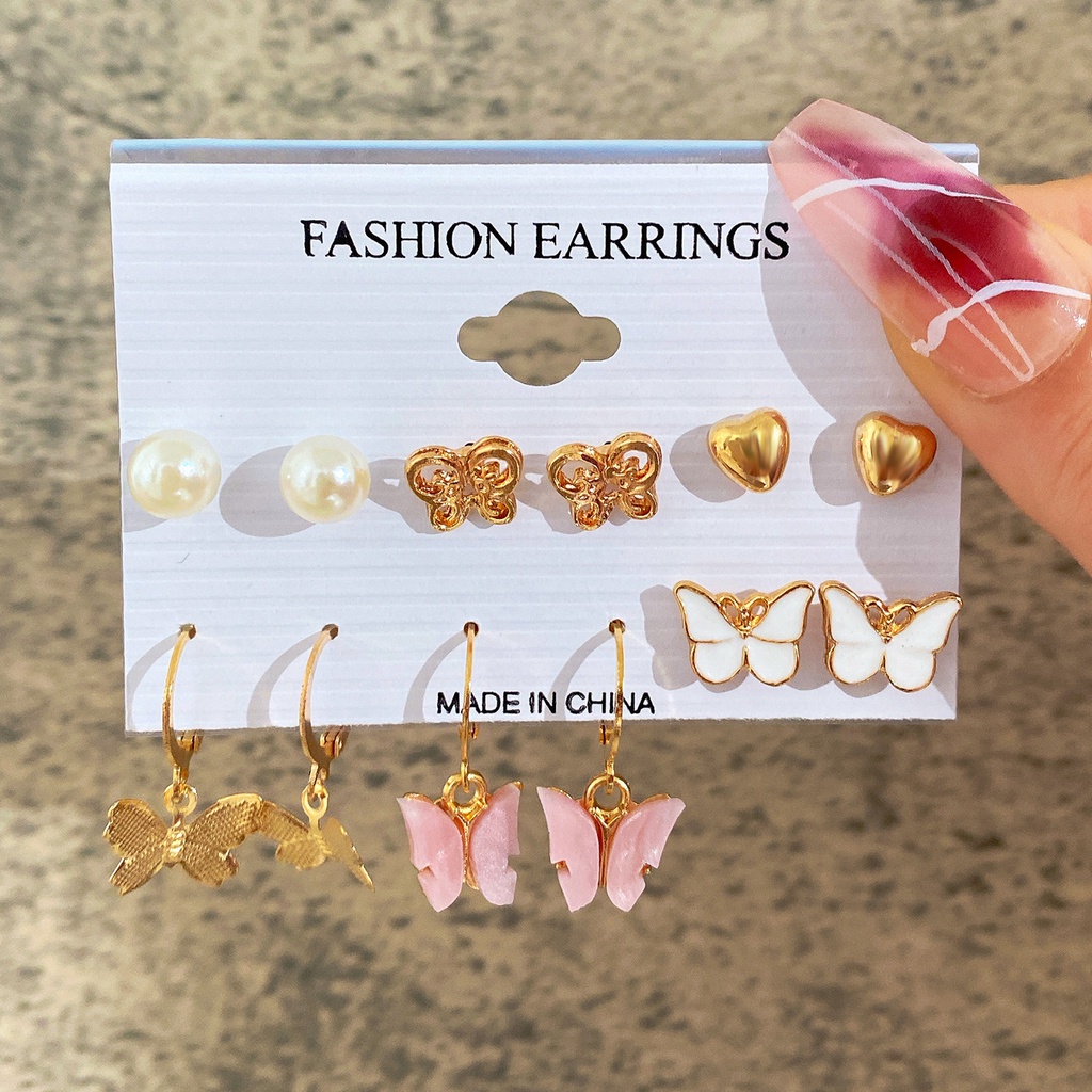 6pcs / set Anting Bentuk Hati Kupu-Kupu Aksen Mutiara Imitasi Warna-Warni Untuk Wanita