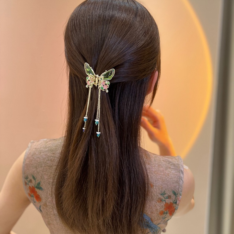 Jepit Rambut Bentuk Hiu / Bunga / Kupu-Kupu Aksen Berlian Imitasi + Rumbai Untuk Aksesoris Wanita
