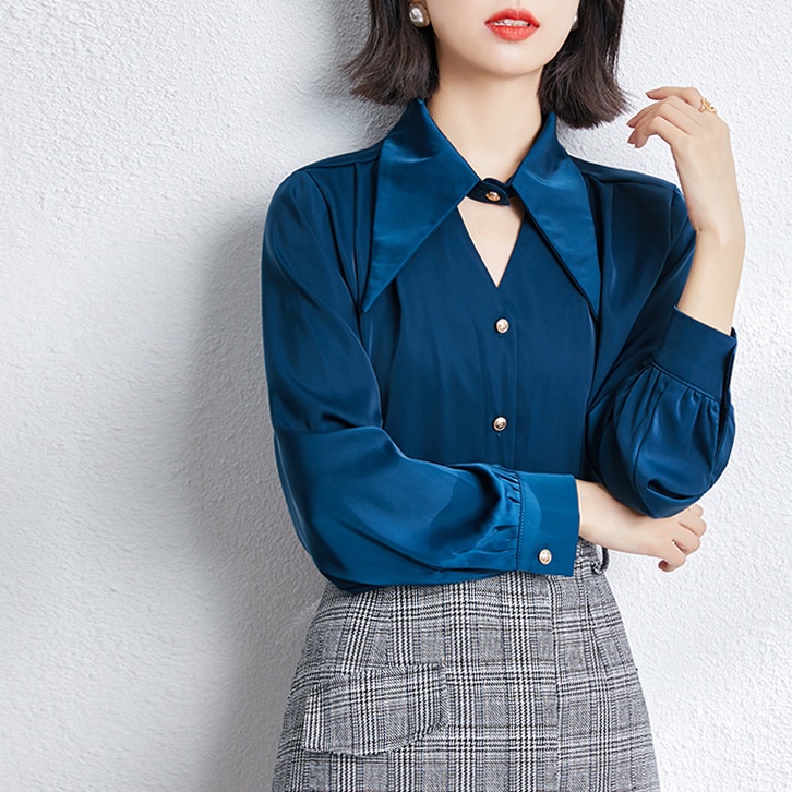 Kemeja Satine Premium Wanita Lengan Panjang Blouse Kemeja Kantor Import Polos Shirt