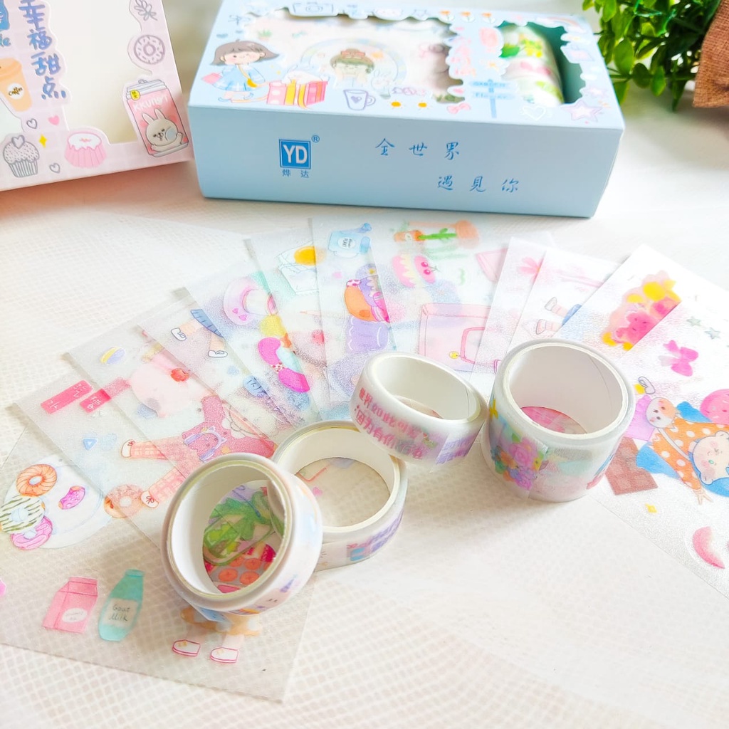 PAKET STICKER DAN WASHI TAPE KODE YD-16RTZ STIKER SOLATIP UNIK ALAT JURNALING LUCU IMUT KARAKTER GAMBAR