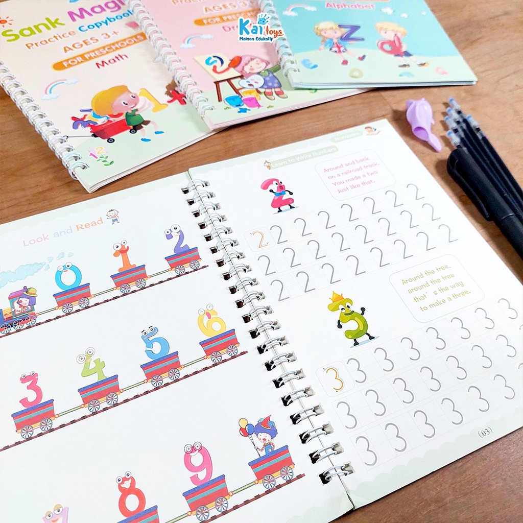 Sank Magic Book / Magic Practice Book 1 set isi 4 buku + pen + refill / Set Buku Latihan Belajar Menulis PAUD Preschool TK Huruf Angka