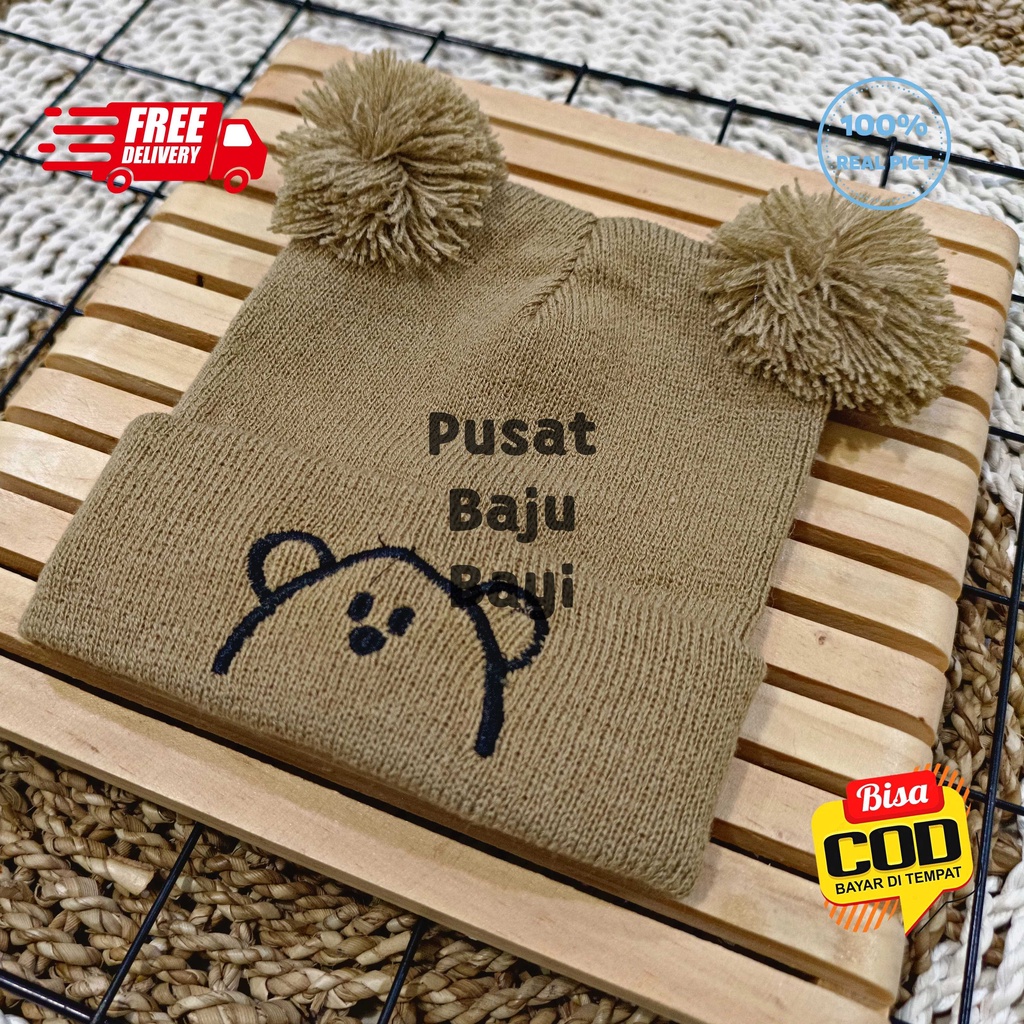 Topi Rajut Kupluk Bayi Pom Pom Premium / Topi Bayi Pom Pom BEAR Anak Laki - Laki Perempuan / Kupluk Baby Pompom BEAR