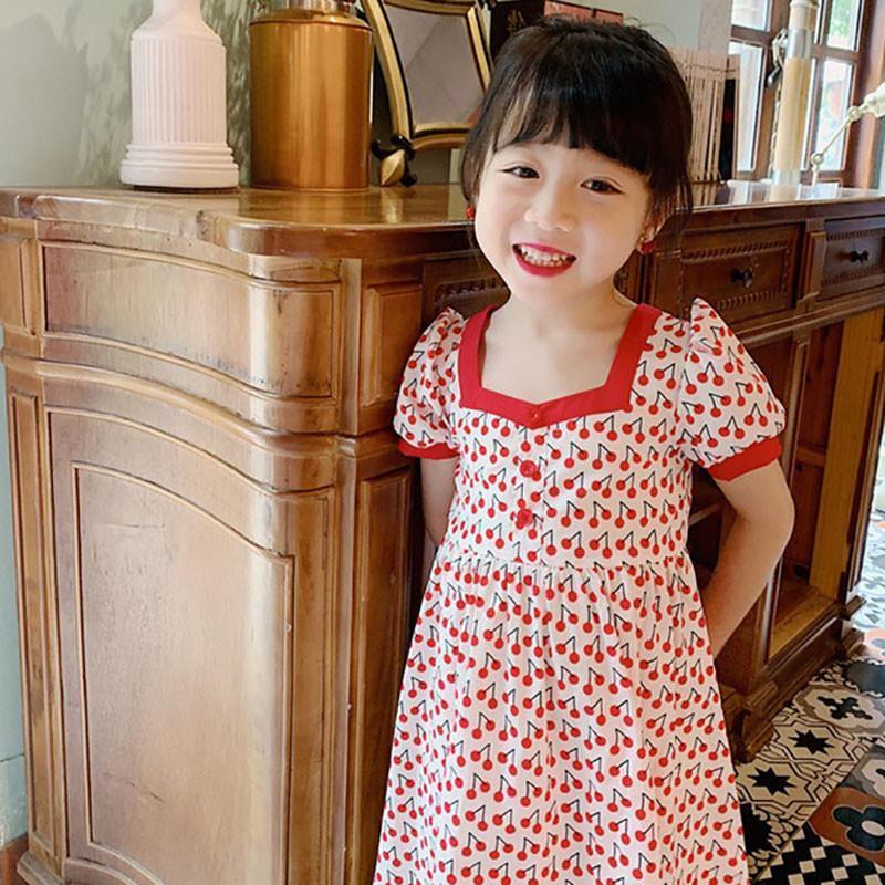 Dress Anak Perempuan  Korean Style Cherry Merah Puff