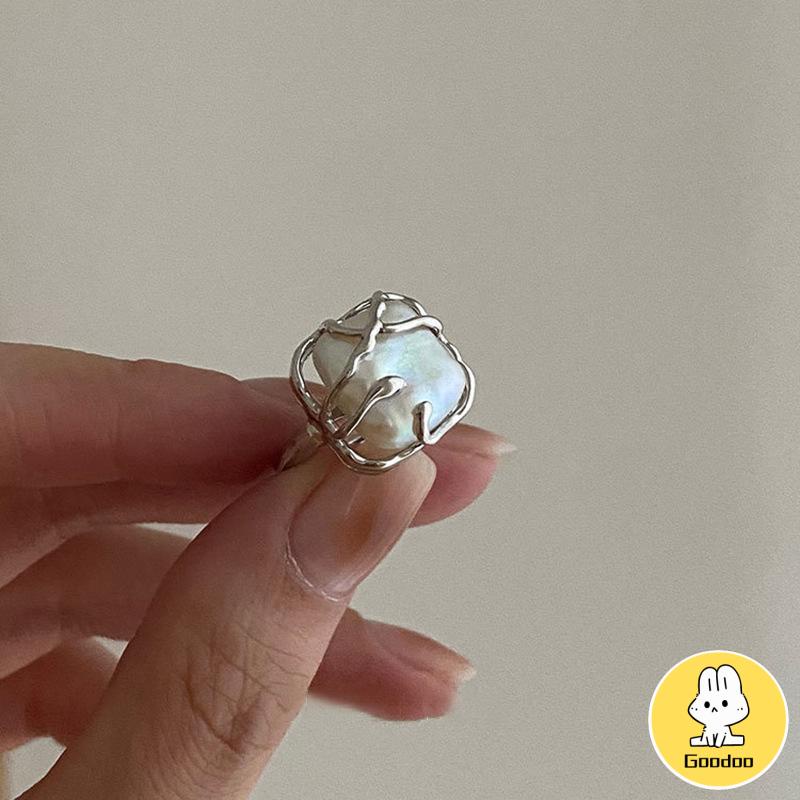 2PCS Cincin mutiara/cincin perak Korea retro Temperamen Pembukaan Tidak Teratur Cincin Dapat adjustable Cincin Wanita -Doo