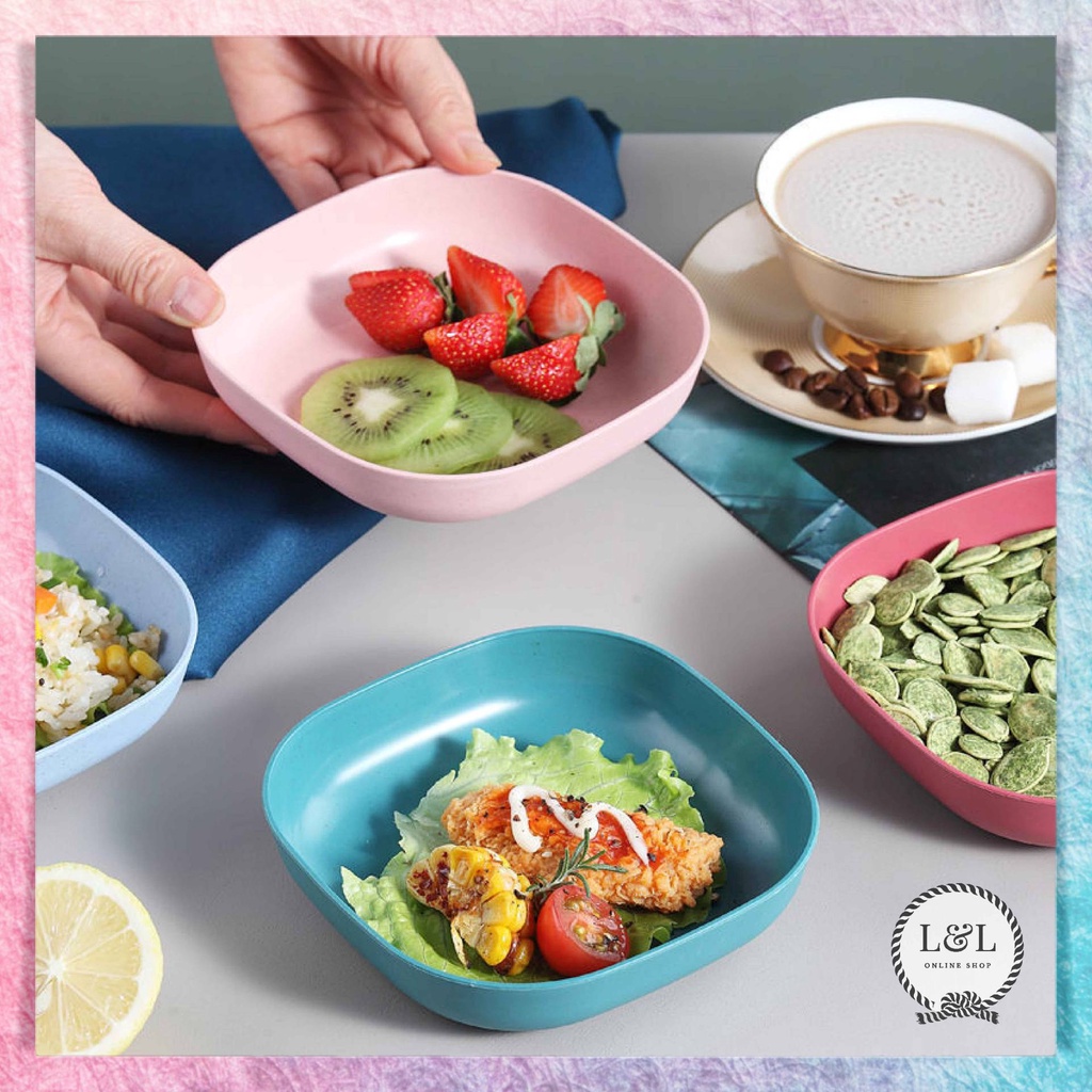 Piring Persegi Kecil Piring Buah Piring Sayur Piring Makanan Ringan Piring Plastik Mini Bahan Jerami Gandum BPA Free Warna Pink Biru Hijau Cream Perlengkapan Makan Rumah Wheat Straw Plate