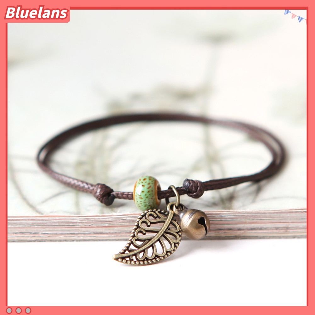 Bluelans Gelang Tali Rantai Manik-Manik Keramik Dengan Liontin Daun Gaya Vintage Untuk Pasangan