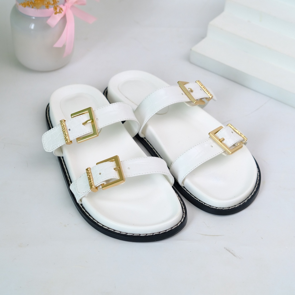 [7.7 Boombastis Sale⚡] - SANDAL WANITA CKS426 CK DOUBLE BUCKLE FLAT SANDAL PREMIUM IMPORT