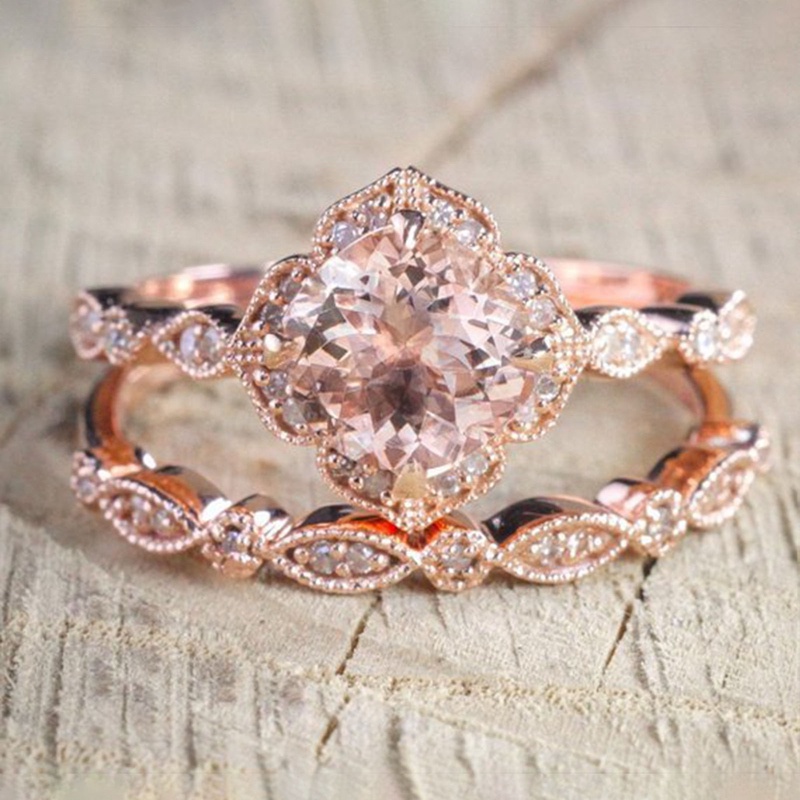 Fancyqube 2pcs / Set Cincin Zirkon Alami Warna Rose Gold Ukuran 6-10 Untuk Pengantin Wanita