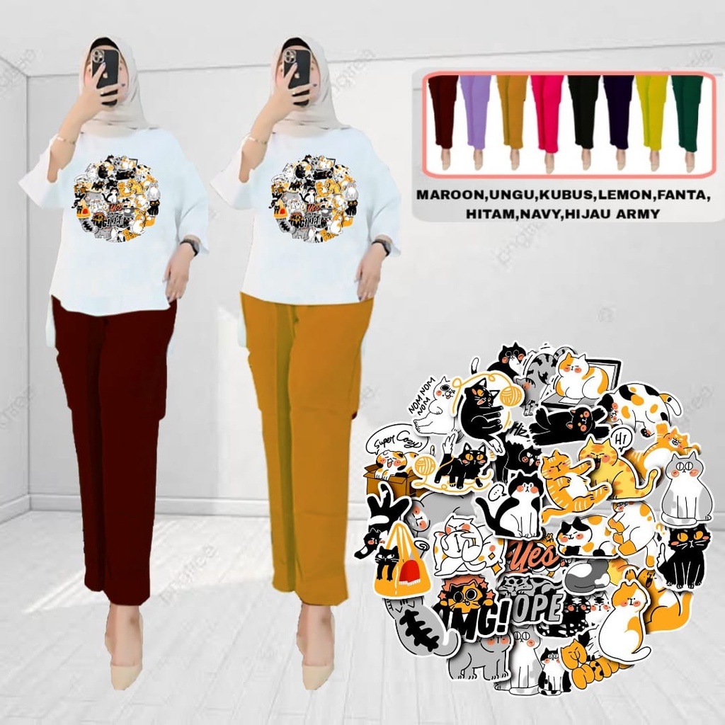 Setelan Tunik Muslim Kucing / Blouse Wanita Kombinasi