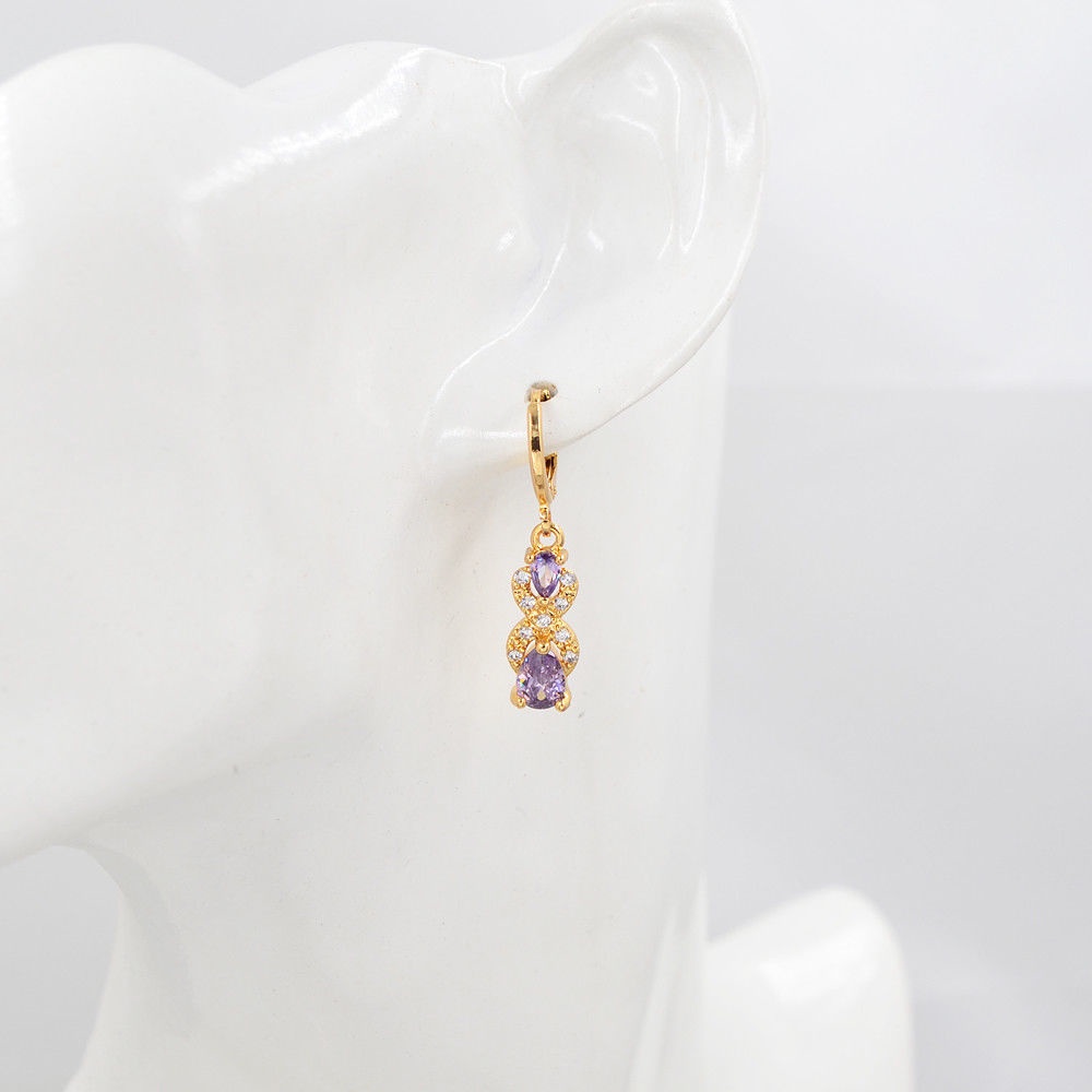 Goldkingdom Fashion Perhiasan 24K Bangkok Aksesoris Ready Stock Kreatif Tetesan Air Berbentuk Pir Berlian Bertatahkan Anting-Anting Dengan Liontin Batu Permata Warna-Warni Berlapis Emas Asli Kadar 375