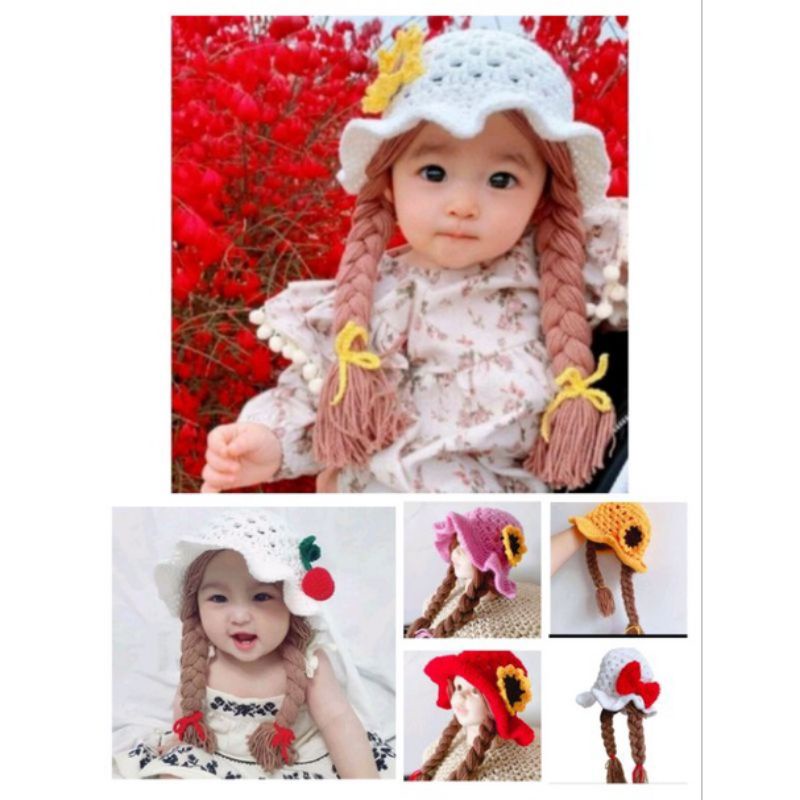 Topi Bayi Kupluk Wig Kepang Bunga Pita wig usia 6-24 Bulan