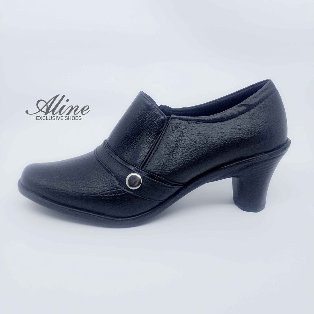 Aline Sepatu Pantofel Wanita Slip-On Elastis Hak 7 Cm Formal Hitam Polwan Kowad Dishub AW09