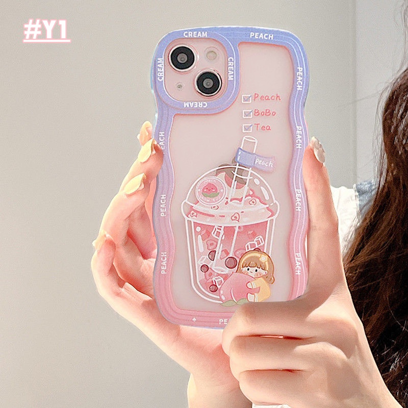 Oppo A17 A57 2022 A77S A12 A55 A16K A95 A96 A74 A1K A5s A15 A15s A54 A7 A9 A53 A16 A3s A16E A31 A52 F9 Kartun Teh Susu Sparkling Water Wave Frame Shockproof Phone Cover RIXUAN