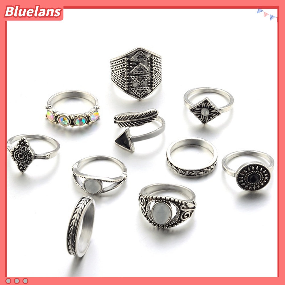 Bluelans 10Pcs Boho Women Retro Sun Feather Arrow Carved Knuckle Midi Stacking Rings