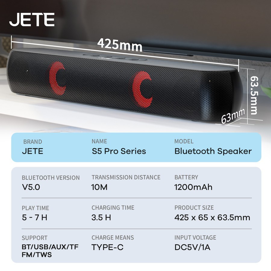 Soundbar Bluetooth Speaker JETE S5 Pro SuperBass RGB LED &amp; Aux 3.5mm