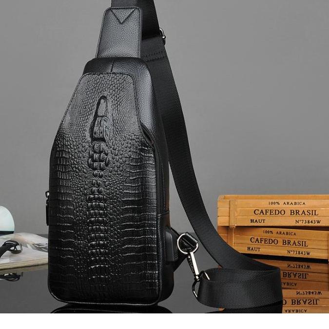 "HTI.18Oc22υ" Tas Selempang Kulit Pria Sling Bag Import Motif Kulit Buaya