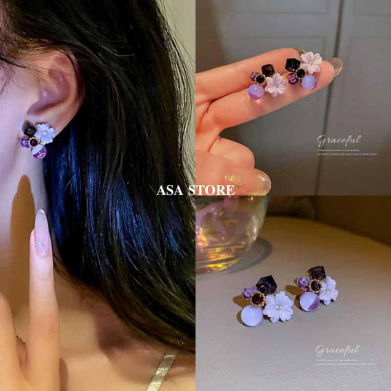 Anting Wanita Bunga Kristal UNGU//Anting Korea