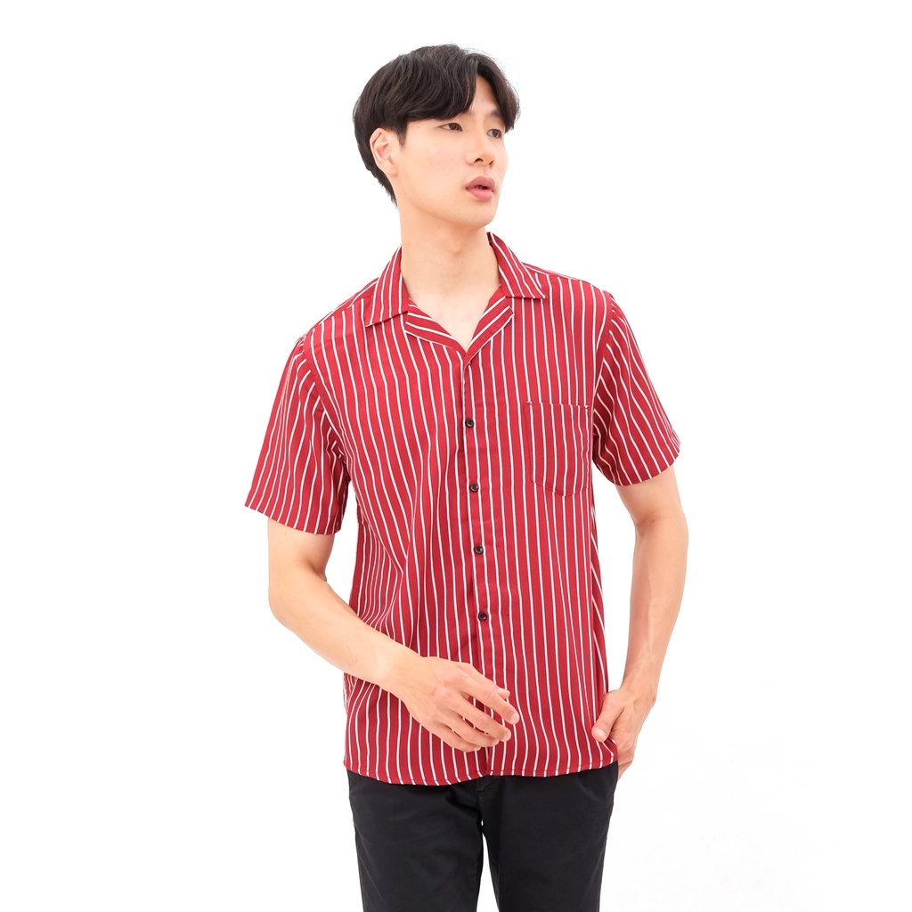 SANVANINA Kemeja Hawaiian Stripes Casual Maroon - Kemeja Garis Garis Maroon E-1226