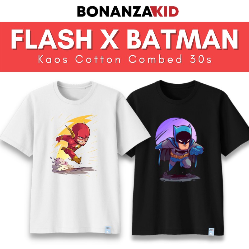 Baju Kaos FLASH X BATMAN Anak Usia 1-12 Tahun Bahan Combed 30s Warna Putih Hitam Benhur