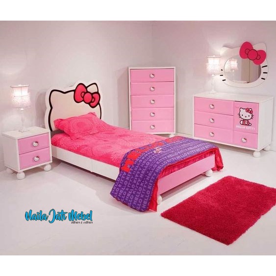 SET DIPAN TEMPAT TIDUR ANAK PEREMPUAN KARAKTER HELLO KITTY SOLID WOOD PREMIUM