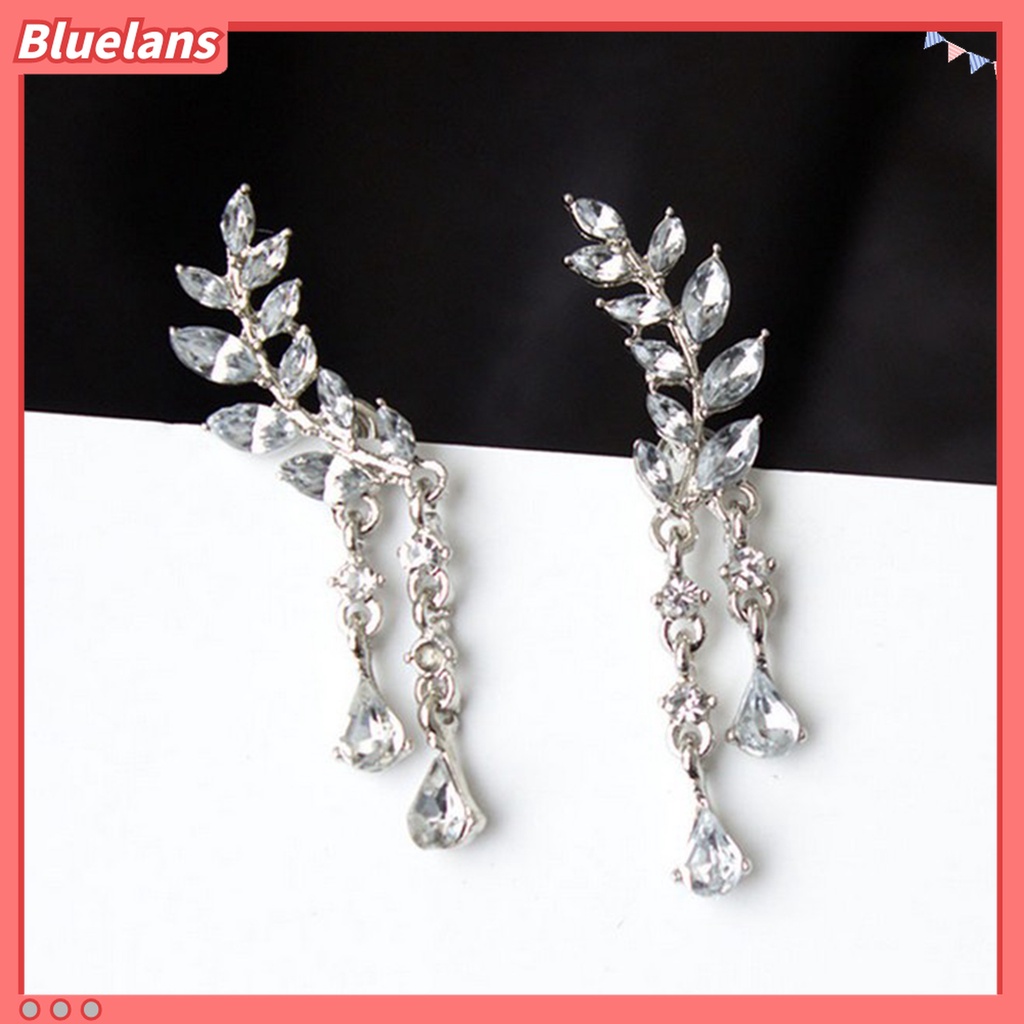 Anting Stud Desain Daun Aksen Berlian Imitasi Untuk Wanita