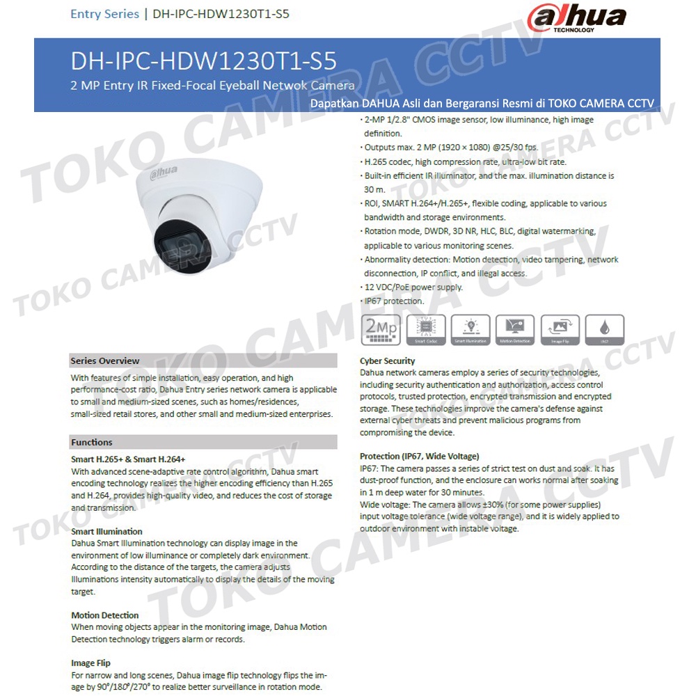 IP CAMERA 2MP DAHUA IPC-HDW1230T1-S5 IP KAMERA CCTV 1080P POE